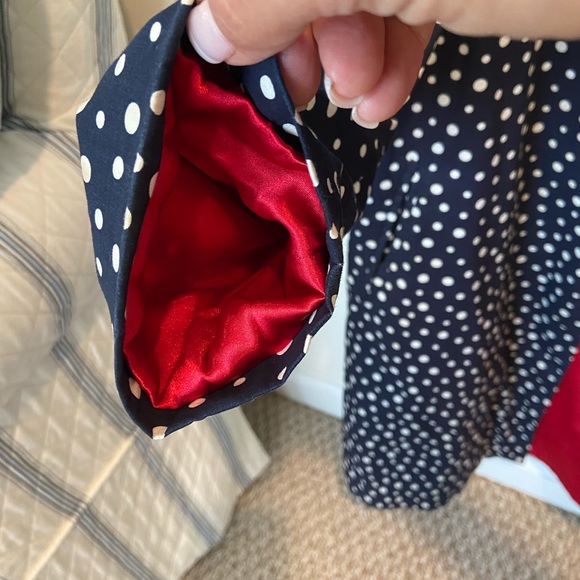 Navy Blue Polka Dot Button-Up Coat - Size 4 - Trench - Red Satin Lining - Picture 7 of 8